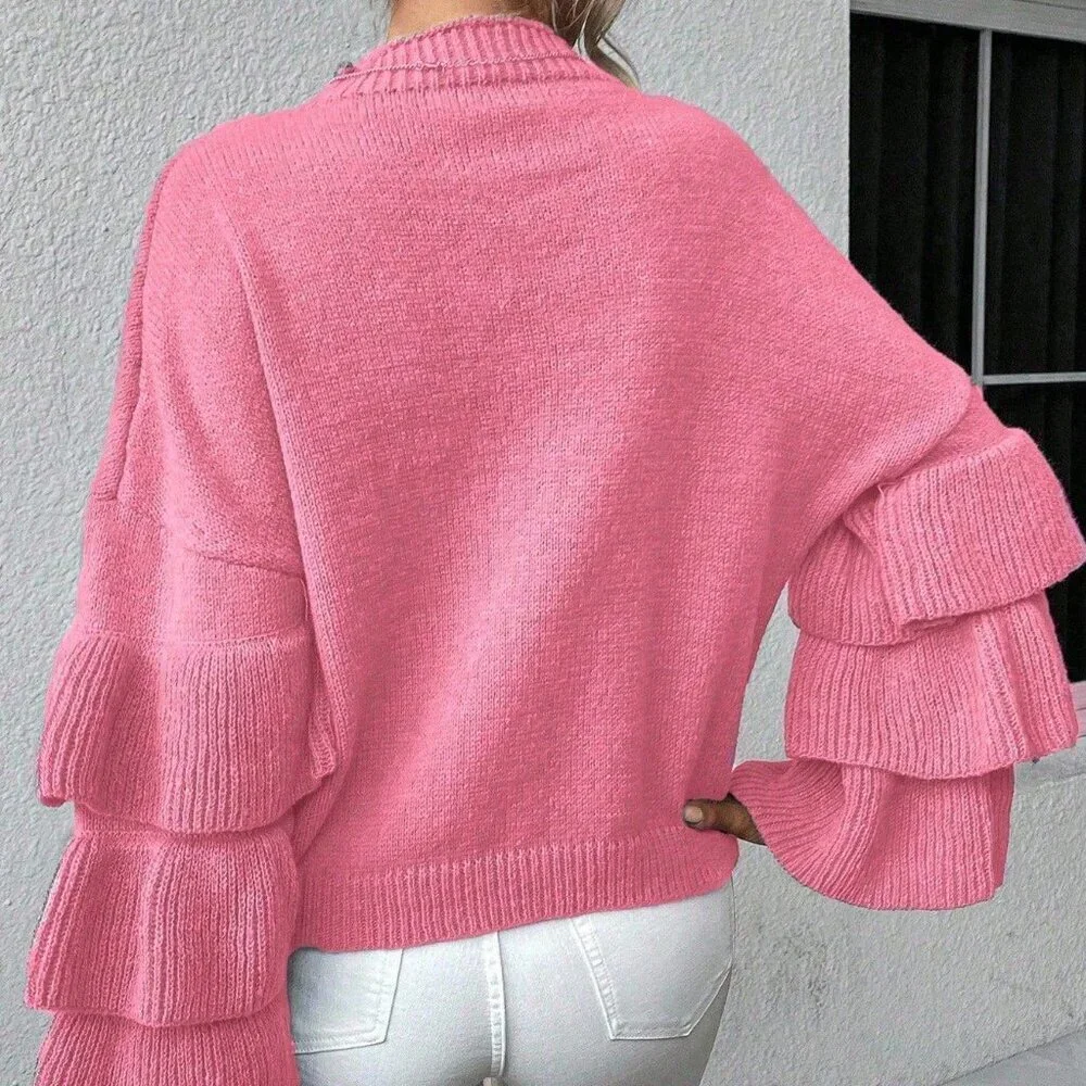 Pink Casual Women's Round Neck Patchwork Ruffle Flare Sleeve Sweater